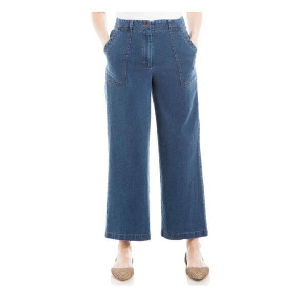 MAX STUDIO Wide Leg Crop Cotton Piqué Pants In Indigo - Picture 1 of 4